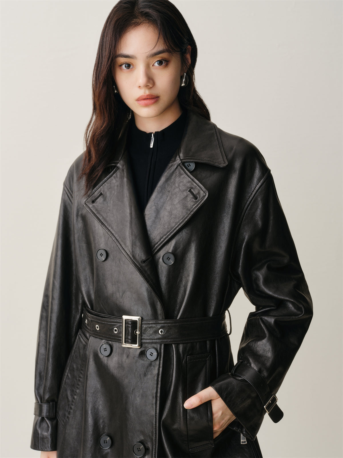 Women's Long Double-Breasted Leather Trench Coat