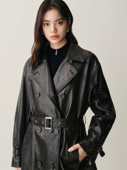 Women's Long Double-Breasted Leather Trench Coat
