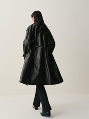 Women's Long Double-Breasted Leather Trench Coat