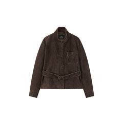 Women's Casual Suede-Finish Waist-Cinching Leather Jacket