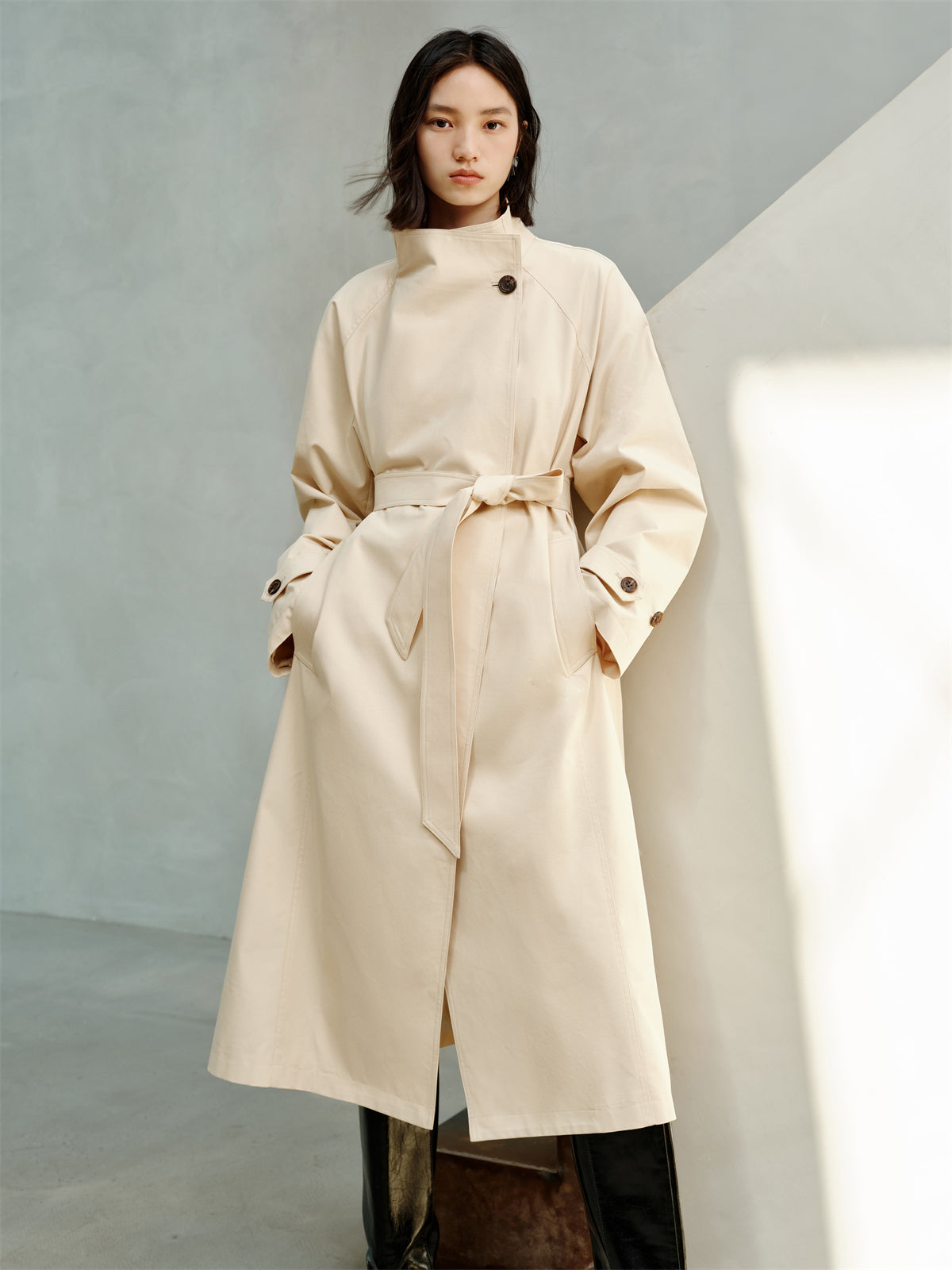 Women's Beige Asymmetric Oversized Belted Trench Coat