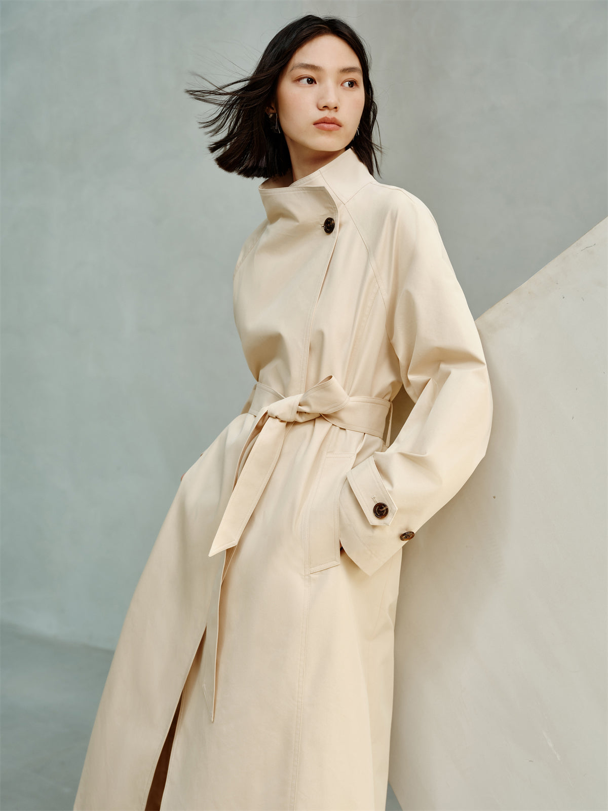 Women's Beige Asymmetric Oversized Belted Trench Coat