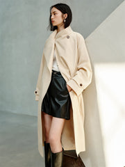 Women's Beige Asymmetric Oversized Belted Trench Coat