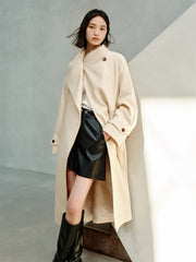 Women's Beige Asymmetric Oversized Belted Trench Coat