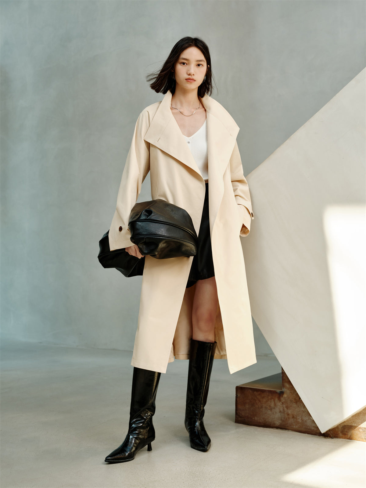Women's Beige Asymmetric Oversized Belted Trench Coat