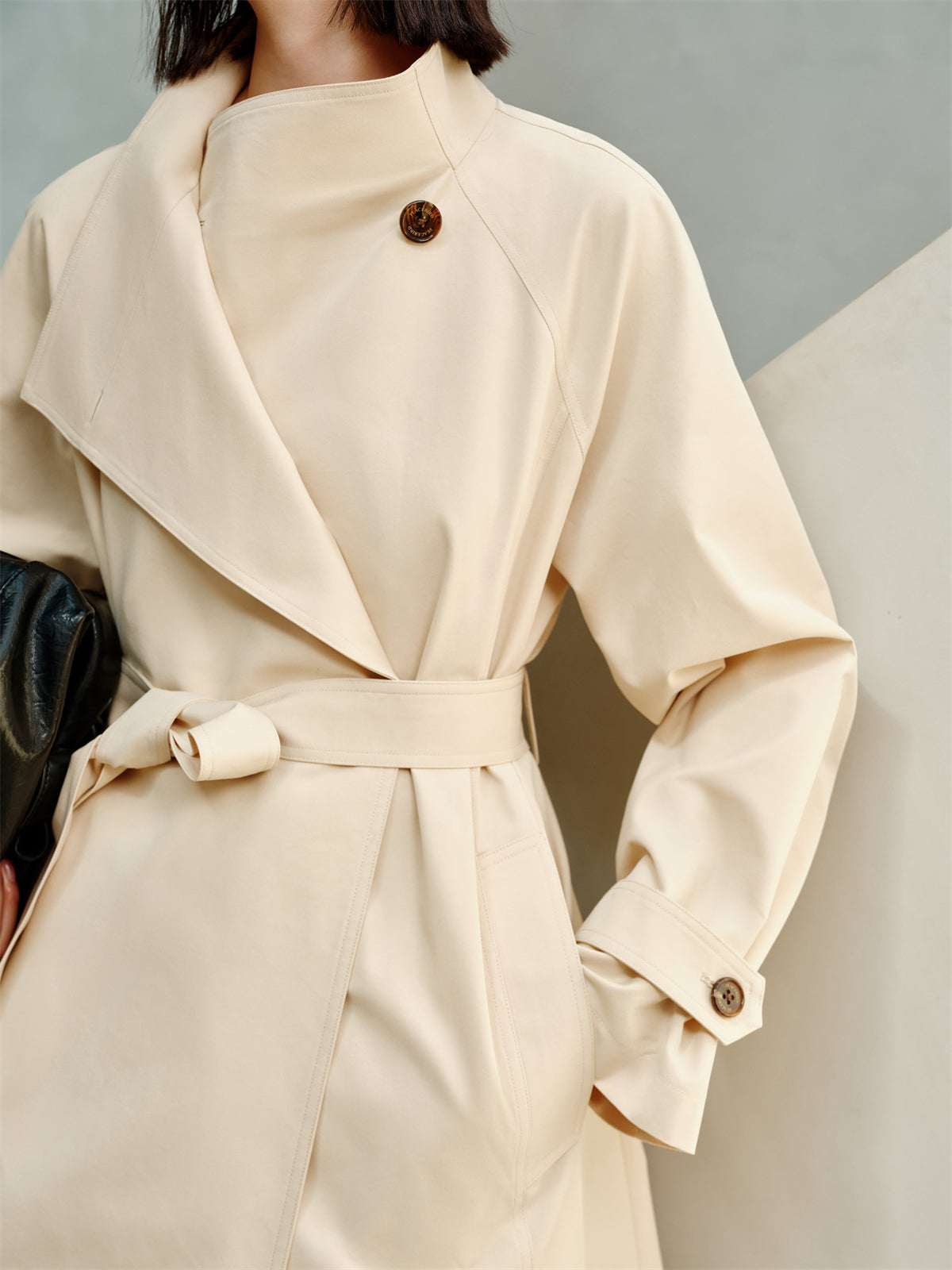 Women's Beige Asymmetric Oversized Belted Trench Coat
