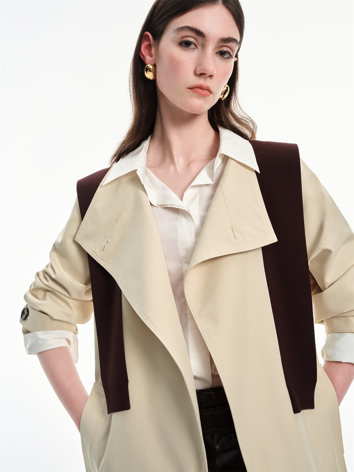 Women's Beige Asymmetric Oversized Belted Trench Coat
