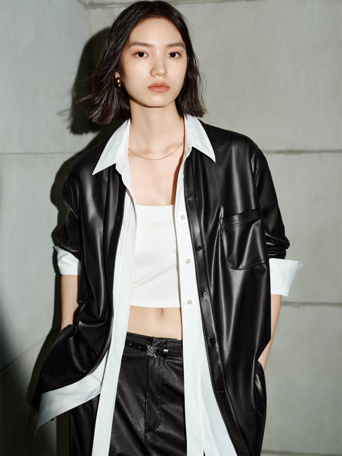 Women's PU Leather Trench-Style Long-Sleeve Shirt