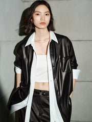 Women's PU Leather Trench-Style Long-Sleeve Shirt