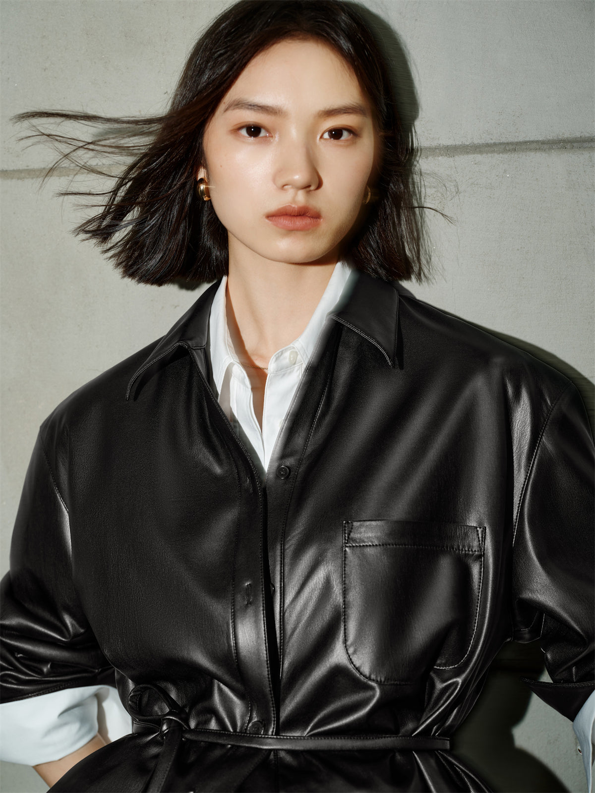 Women's PU Leather Trench-Style Long-Sleeve Shirt
