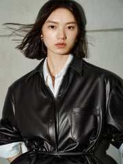Women's PU Leather Trench-Style Long-Sleeve Shirt