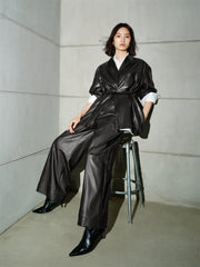 Women's PU Leather Trench-Style Long-Sleeve Shirt