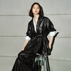 Women's PU Leather Trench-Style Long-Sleeve Shirt