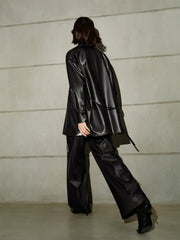 Women's PU Leather Trench-Style Long-Sleeve Shirt
