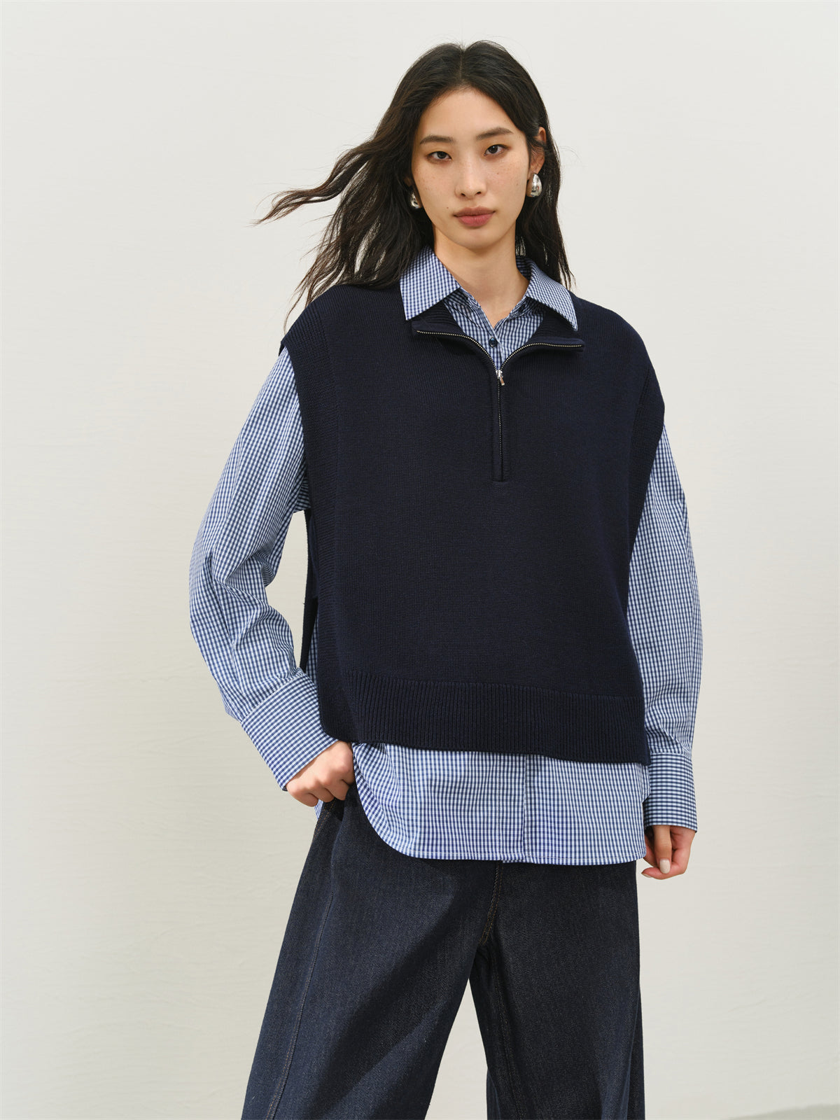 Women's Knit Vest and Plaid Shirt Two-Piece Set