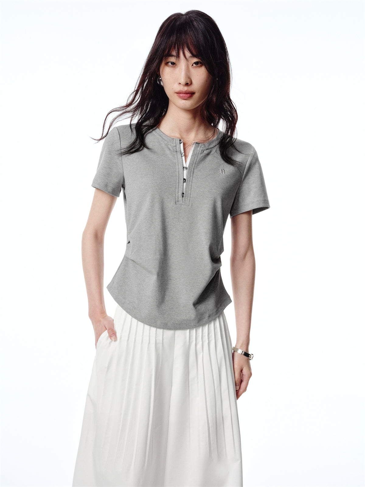 Women's Pleated T-Shirt with Henley Collar