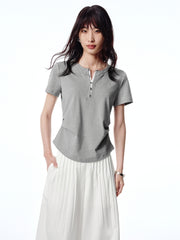 Women's Pleated T-Shirt with Henley Collar