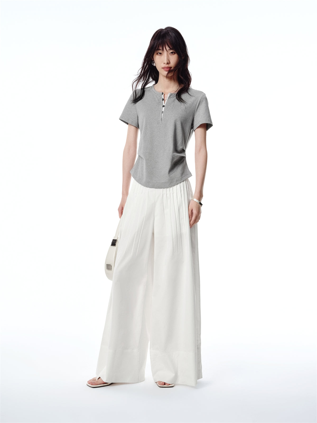 Women's Pleated T-Shirt with Henley Collar