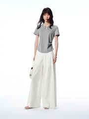 Women's Pleated T-Shirt with Henley Collar