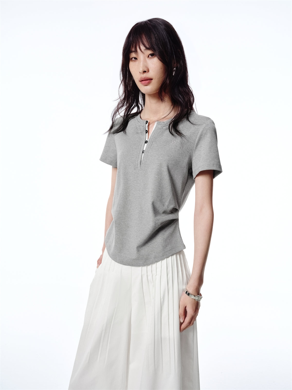 Women's Pleated T-Shirt with Henley Collar