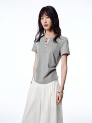 Women's Pleated T-Shirt with Henley Collar