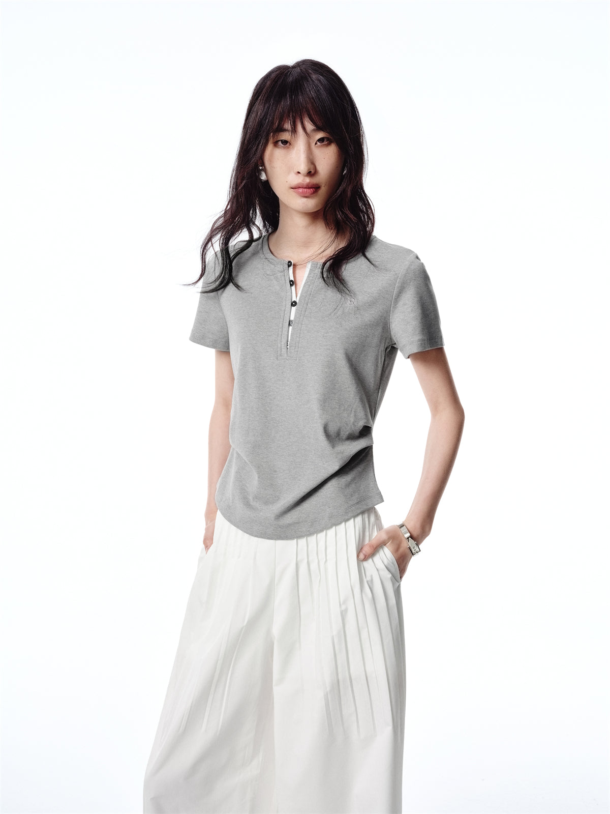 Women's Pleated T-Shirt with Henley Collar