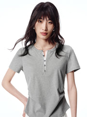 Women's Pleated T-Shirt with Henley Collar