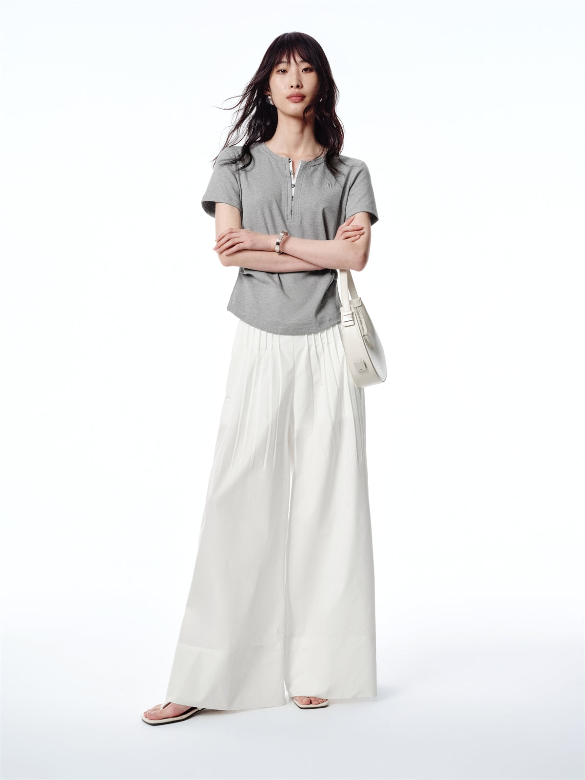 Women's Pleated T-Shirt with Henley Collar
