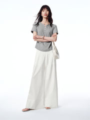 Women's Pleated T-Shirt with Henley Collar