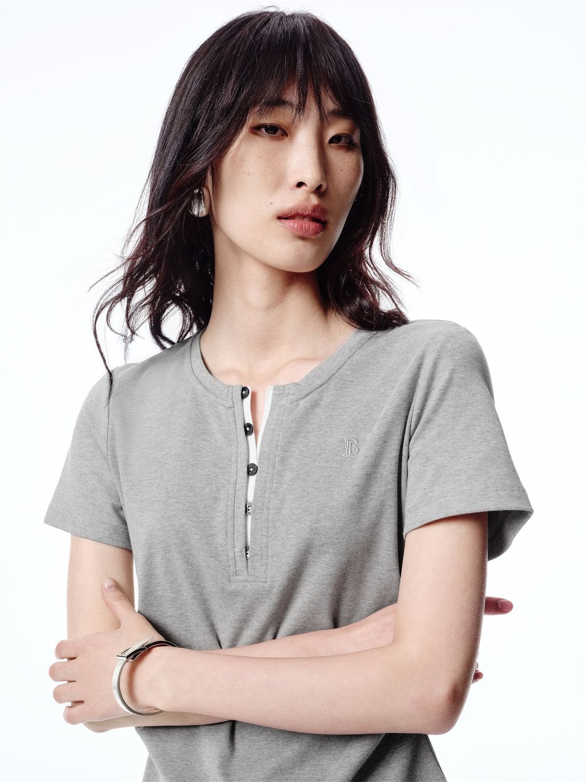 Women's Pleated T-Shirt with Henley Collar