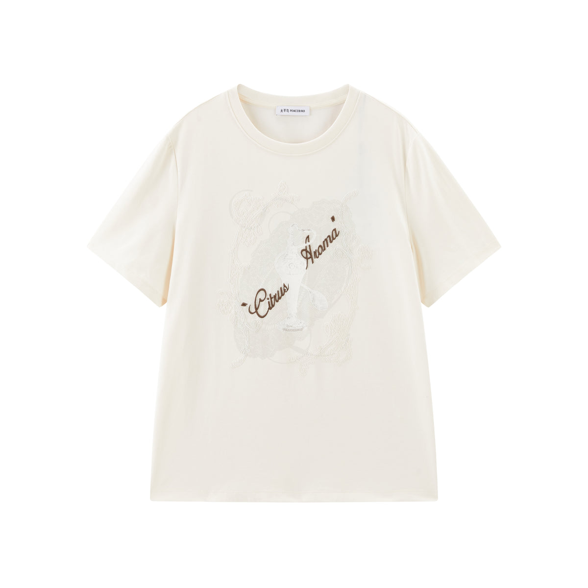 Women's lace flocking large pattern loose T-shirt