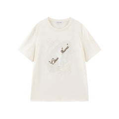 Women's lace flocking large pattern loose T-shirt