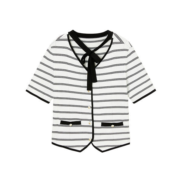 Peacebird Women Women's Striped Lace-up Knit Cardigan