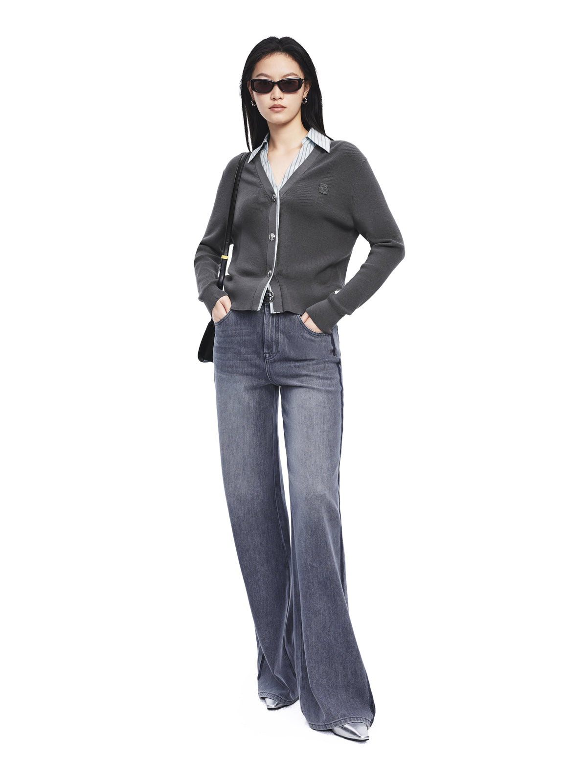 Women's 2-in-1 Cardigan with Shirt Collar Panel