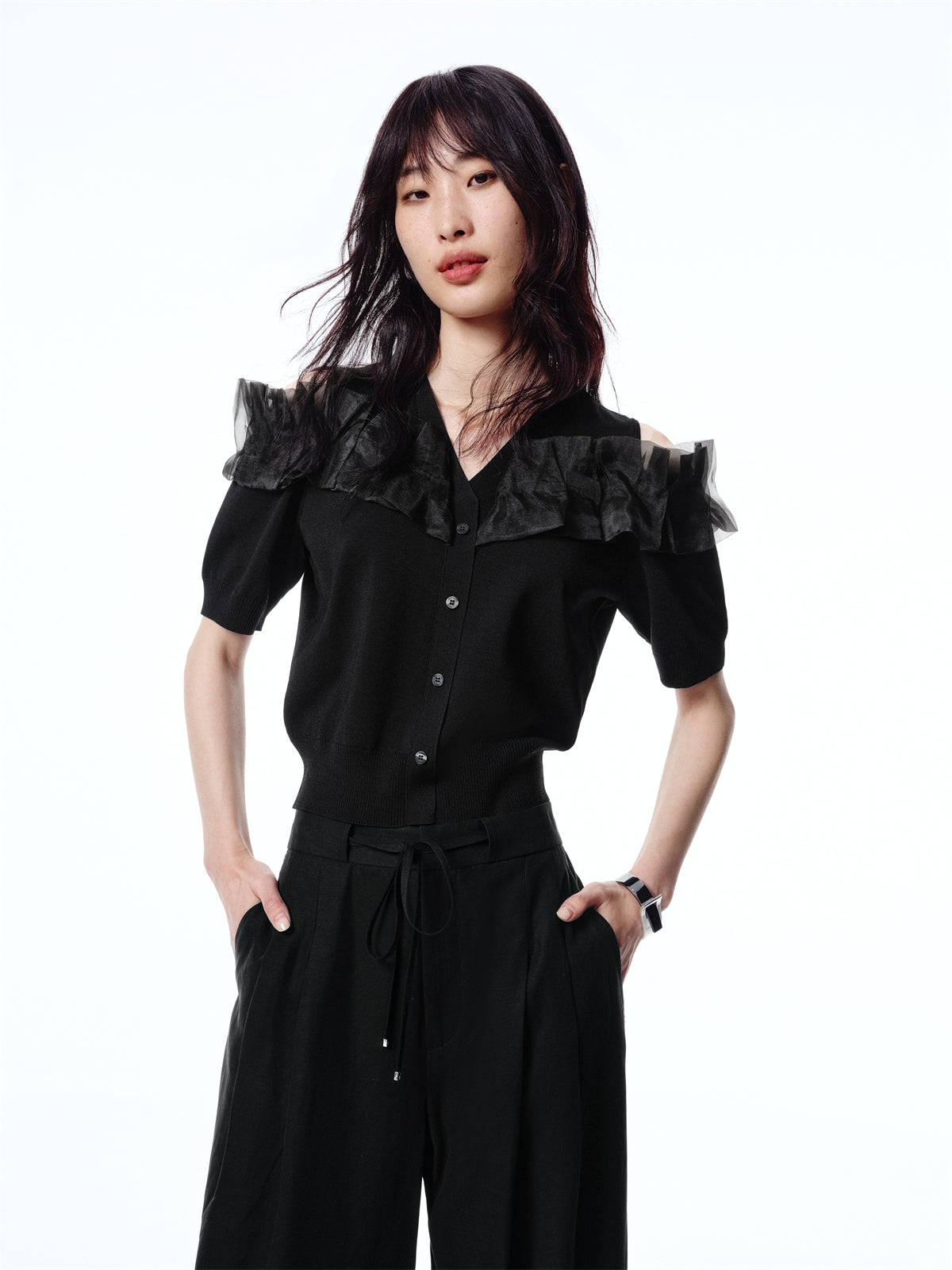 Women's Off-Shoulder Organza Knit Cardigan