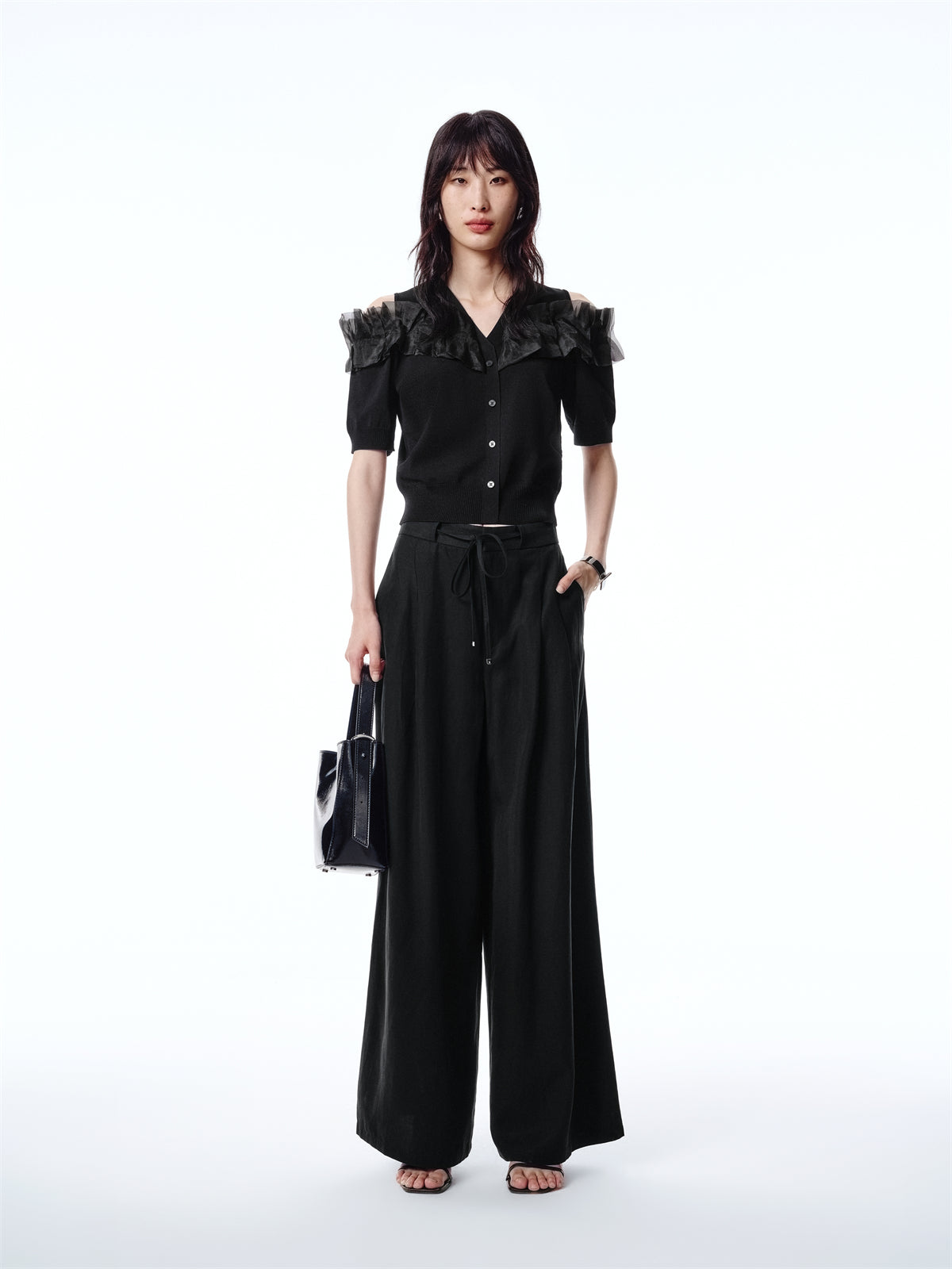 Women's Off-Shoulder Organza Knit Cardigan