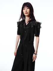 Women's Off-Shoulder Organza Knit Cardigan