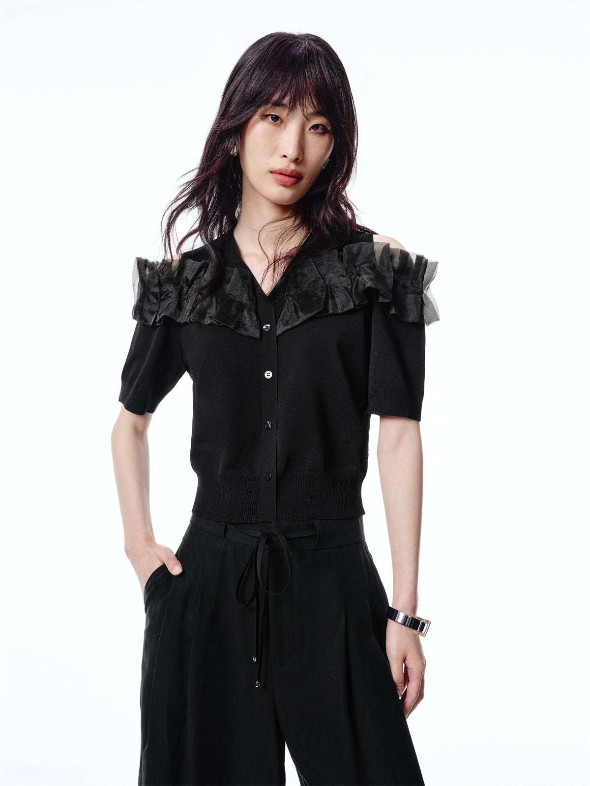 Women's Off-Shoulder Organza Knit Cardigan