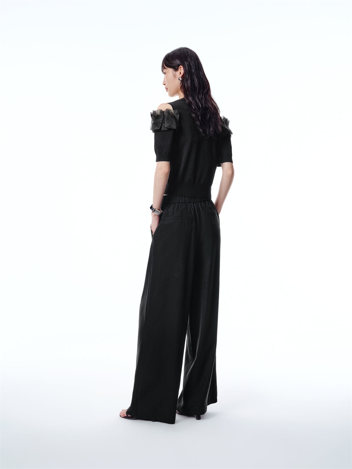Women's Off-Shoulder Organza Knit Cardigan