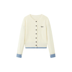 Women's Casual Miu-Style Faux-Layer Plaid-Panel Knit Top