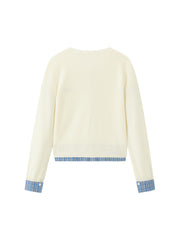 Women's Casual Miu-Style Faux-Layer Plaid-Panel Knit Top