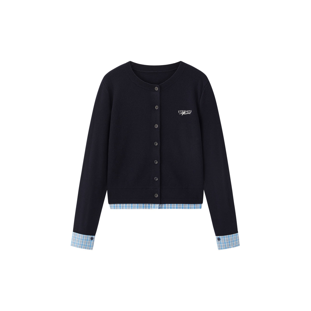 Women's Casual Miu-Style Faux-Layer Plaid-Panel Knit Top