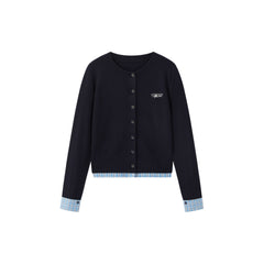 Women's Casual Miu-Style Faux-Layer Plaid-Panel Knit Top