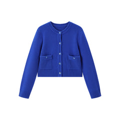 Women's Chanel-Style 100% Wool Blue Knit Cardigan