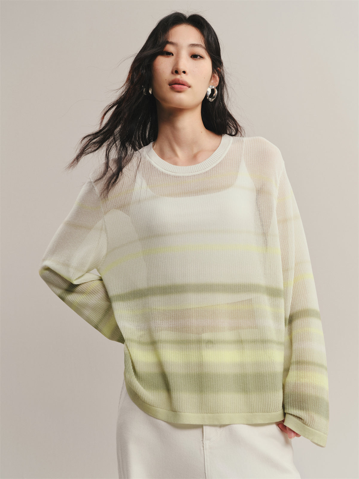 Women's Semi-Sheer Ombre Stripe Knit Pullover