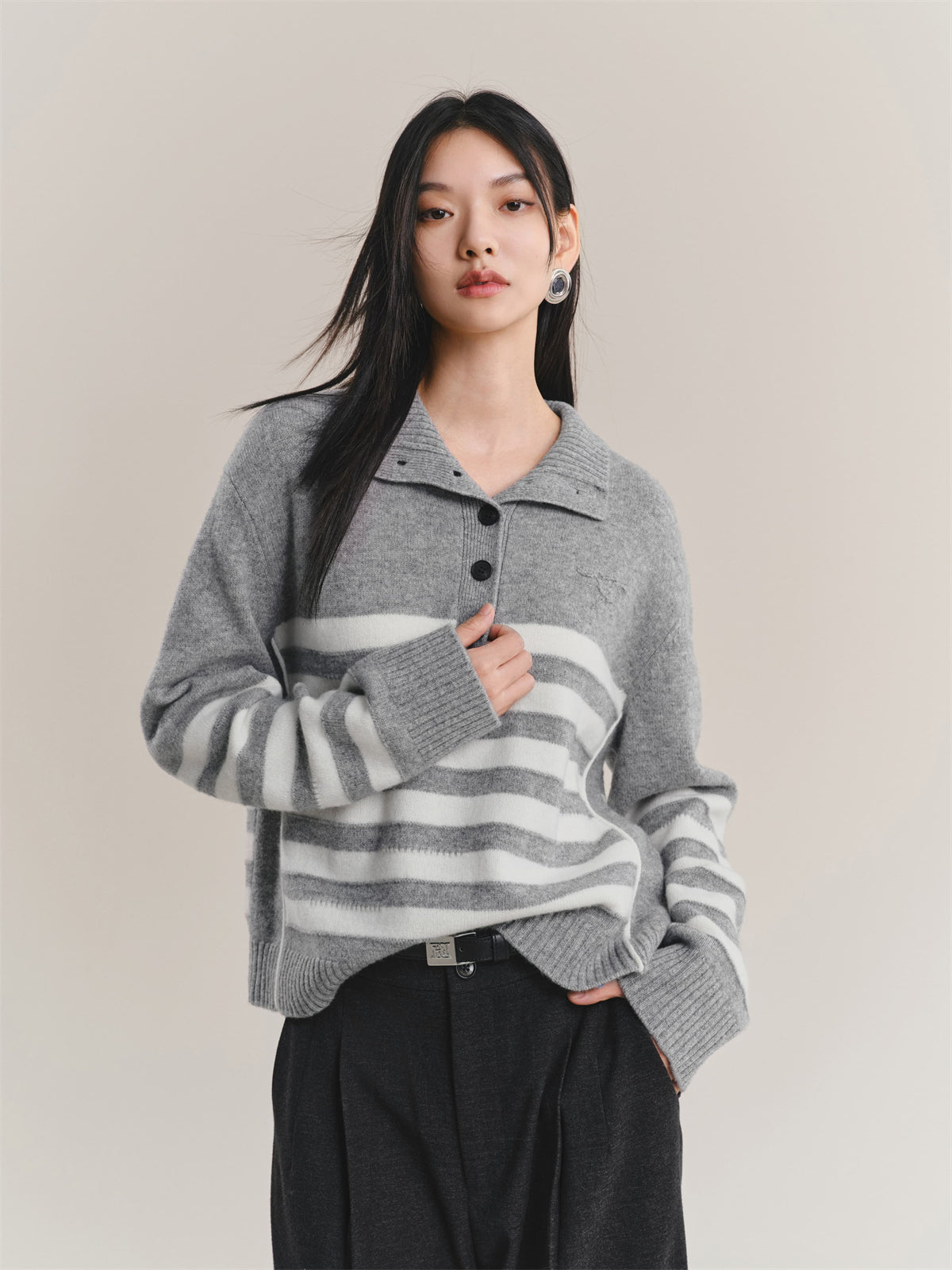 Women's Pure Wool Mock-Neck Striped Sweater