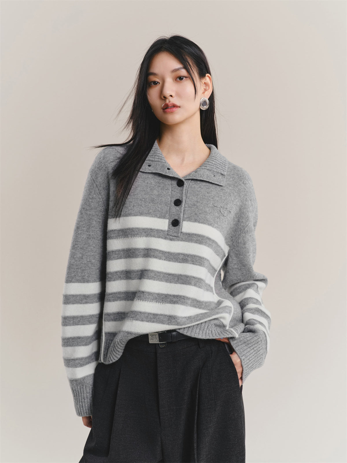 Women's Pure Wool Mock-Neck Striped Sweater