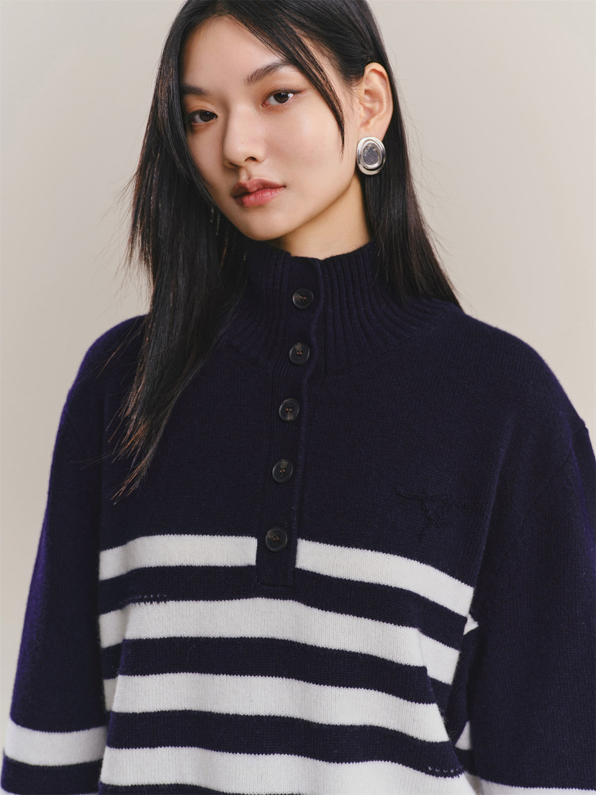 Women's Pure Wool Mock-Neck Striped Sweater