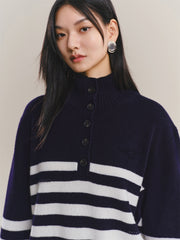Women's Pure Wool Mock-Neck Striped Sweater