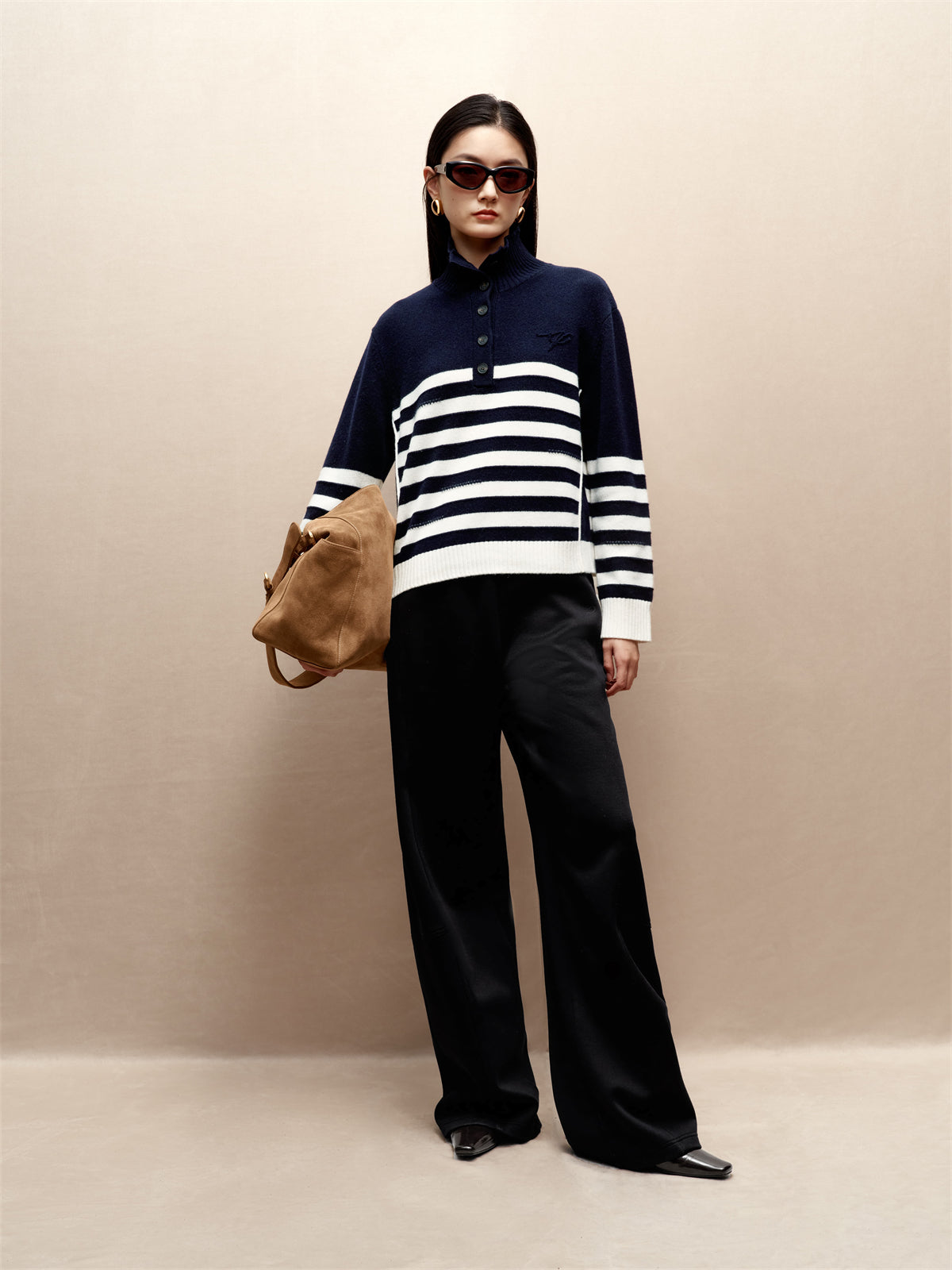 Women's Pure Wool Mock-Neck Striped Sweater